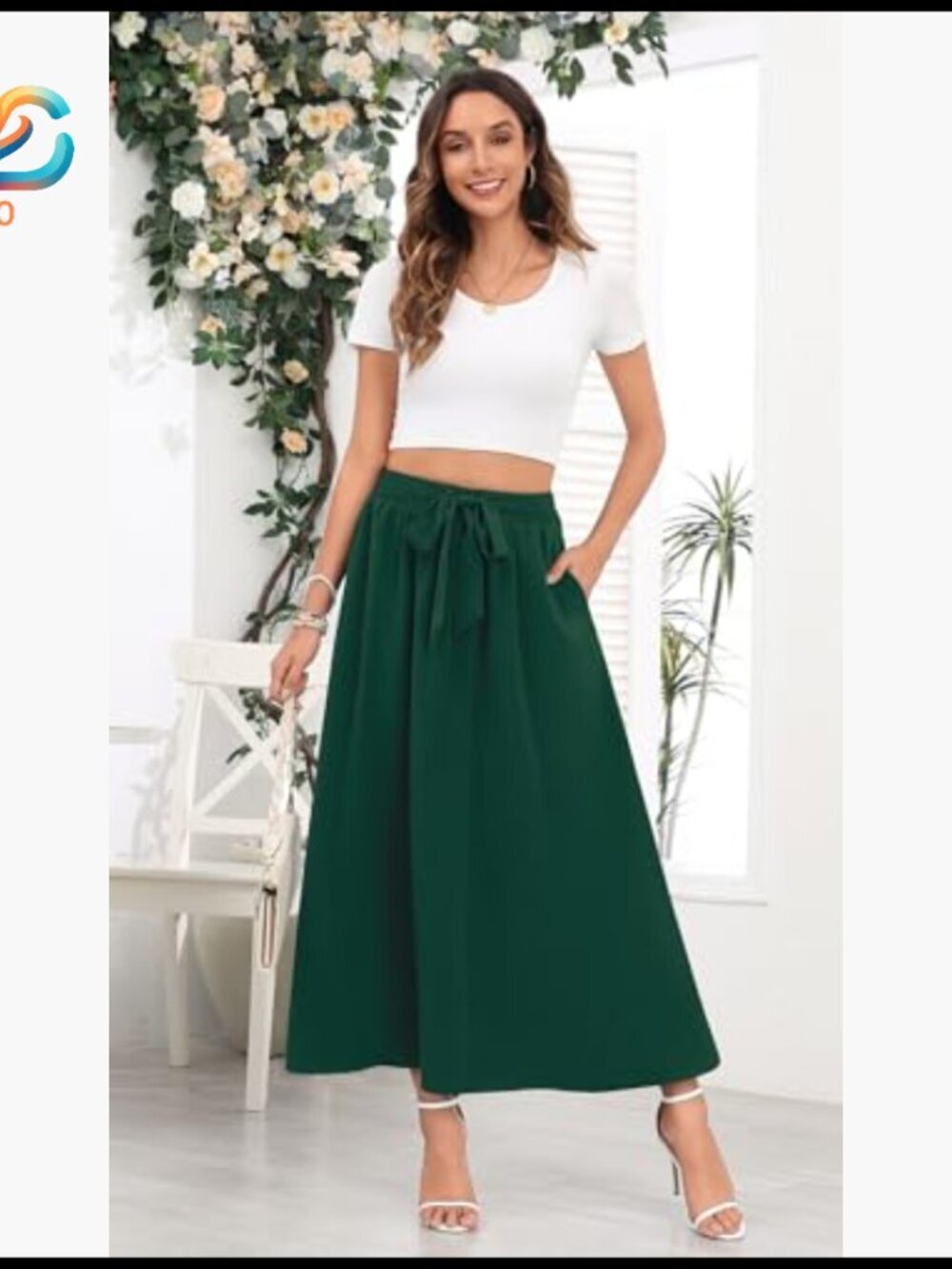 Maxi Skirt with Pockets, Elastic Waist, Tie Knot, Chiffon, Boho Style - Picture 3 of 6